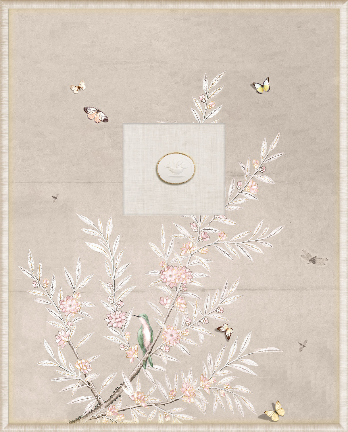 Grand Tour Intaglio Spring Time Chinoiserie wall art featuring butterflies and floral design in crème.