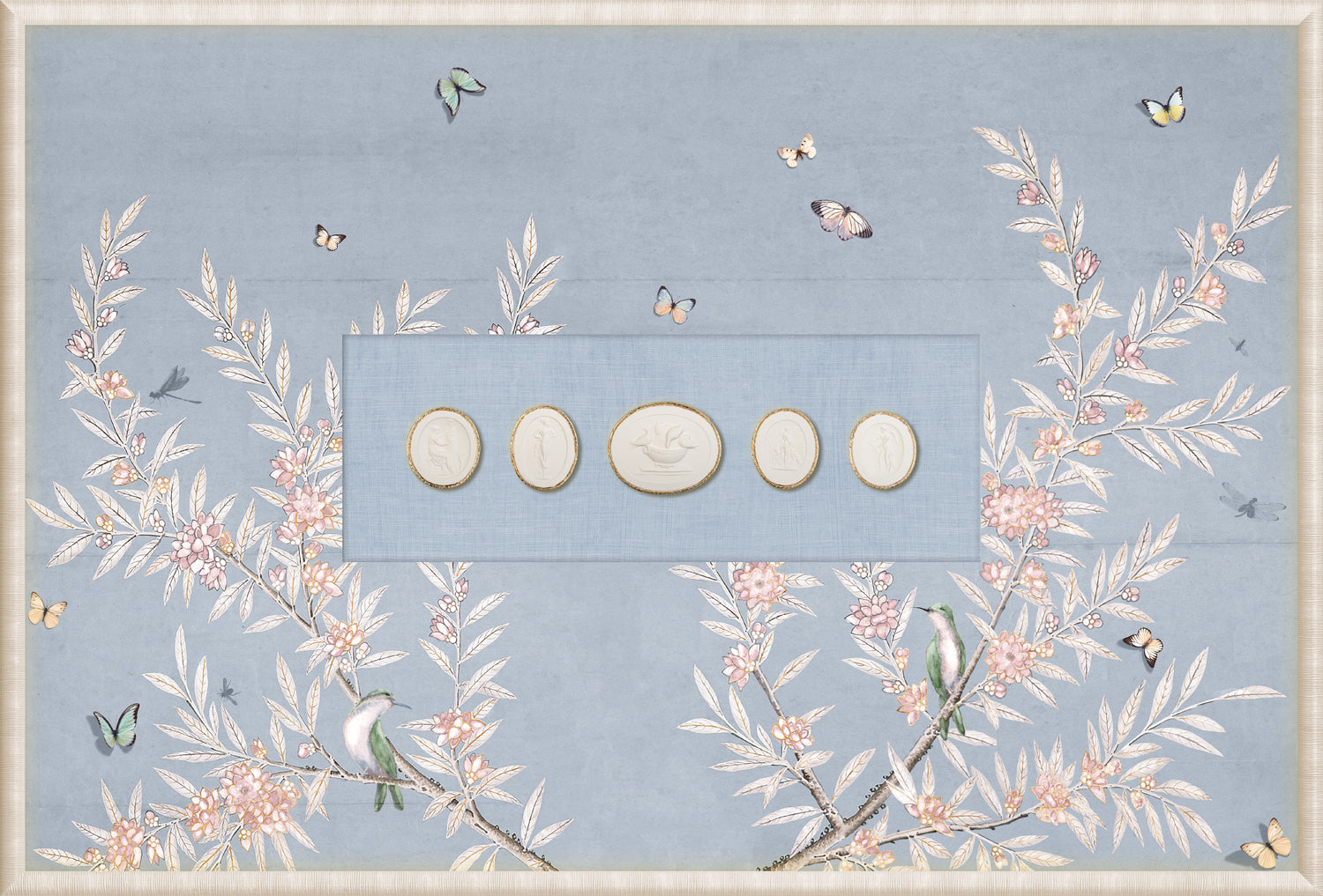Grand Tour Intaglio Spring Time Chinoiserie wall art in powder blue with floral and butterfly details.