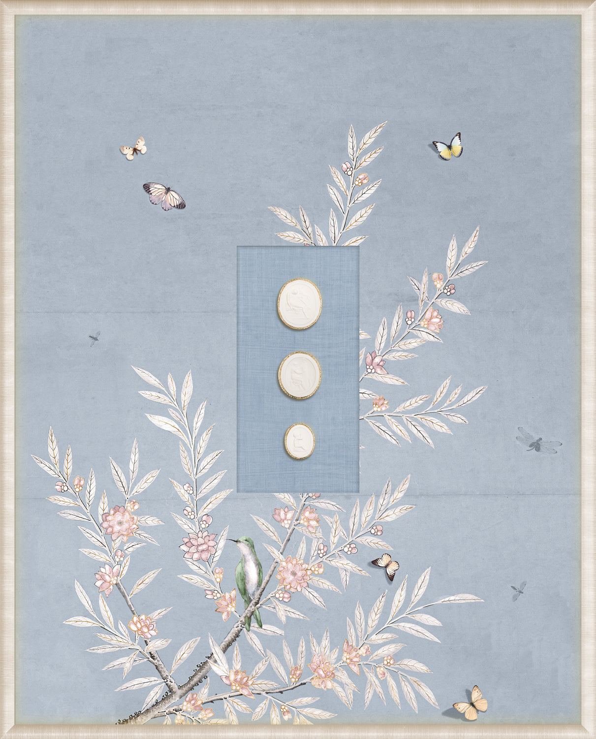 Grand Tour Intaglio Spring Time Chinoiserie wall art in powder blue with floral and butterfly details