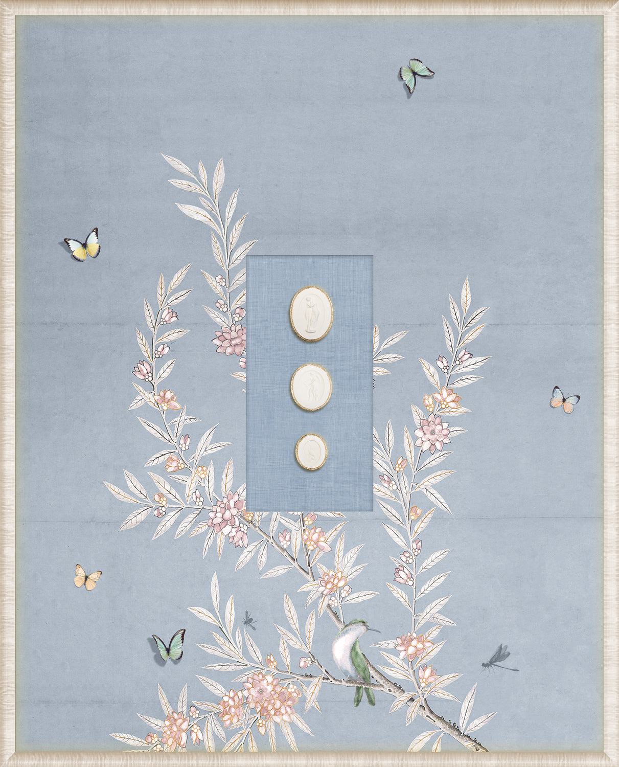 Grand Tour Intaglio – Spring Time Chinoiserie in Powder Blue I, Form V framed art print, 16.75 × 20.75 in