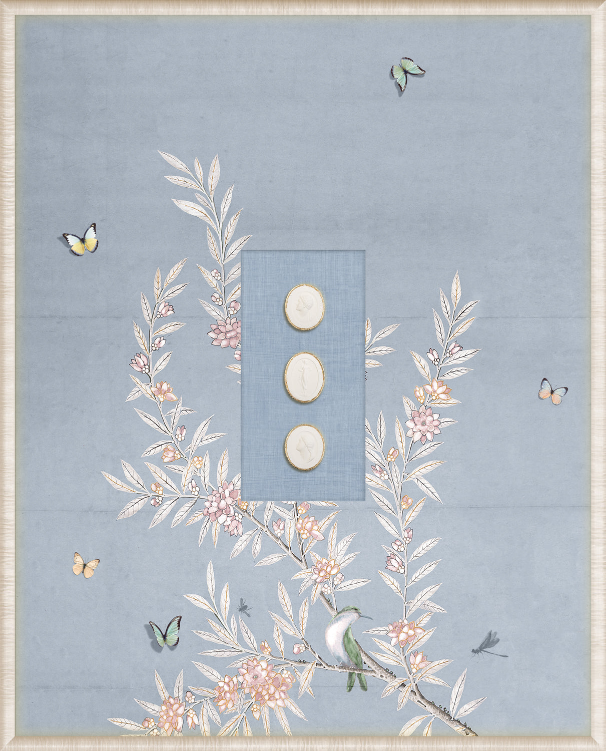 Grand Tour Intaglio – Spring Time Chinoiserie in Powder Blue I, Form VI framed art print, 16.75 × 20.75 in