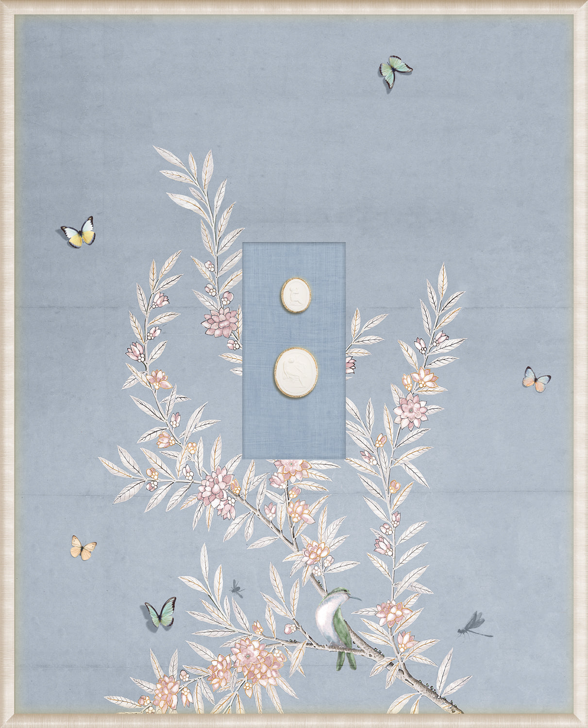 Grand Tour Intaglio – Spring Time Chinoiserie in Powder Blue I, Form VII framed art print, 16.75 × 20.75 in
