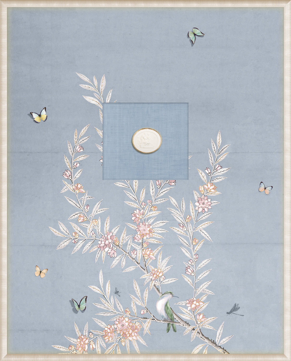 Grand Tour Intaglio – Spring Time Chinoiserie in Powder Blue I, featuring floral design and butterflies.