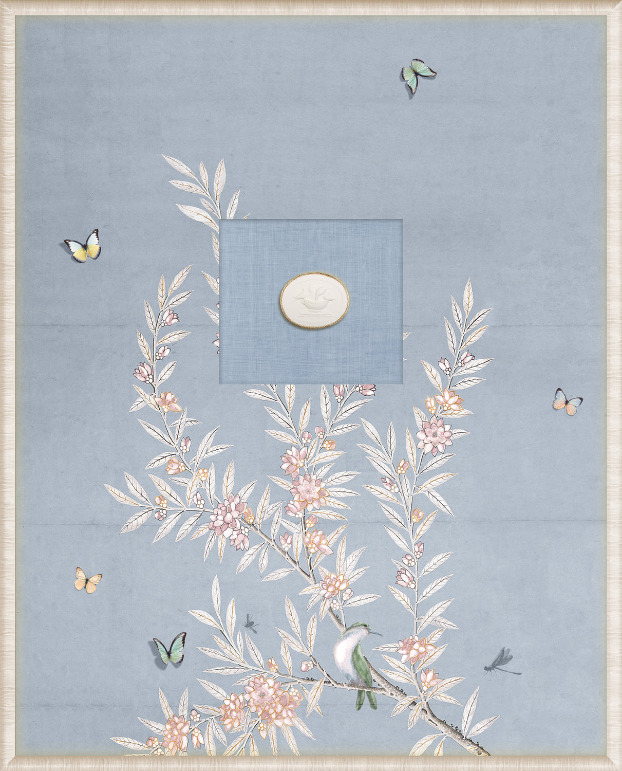 Grand Tour Intaglio – Spring Time Chinoiserie in Powder Blue I, featuring floral design and butterflies.