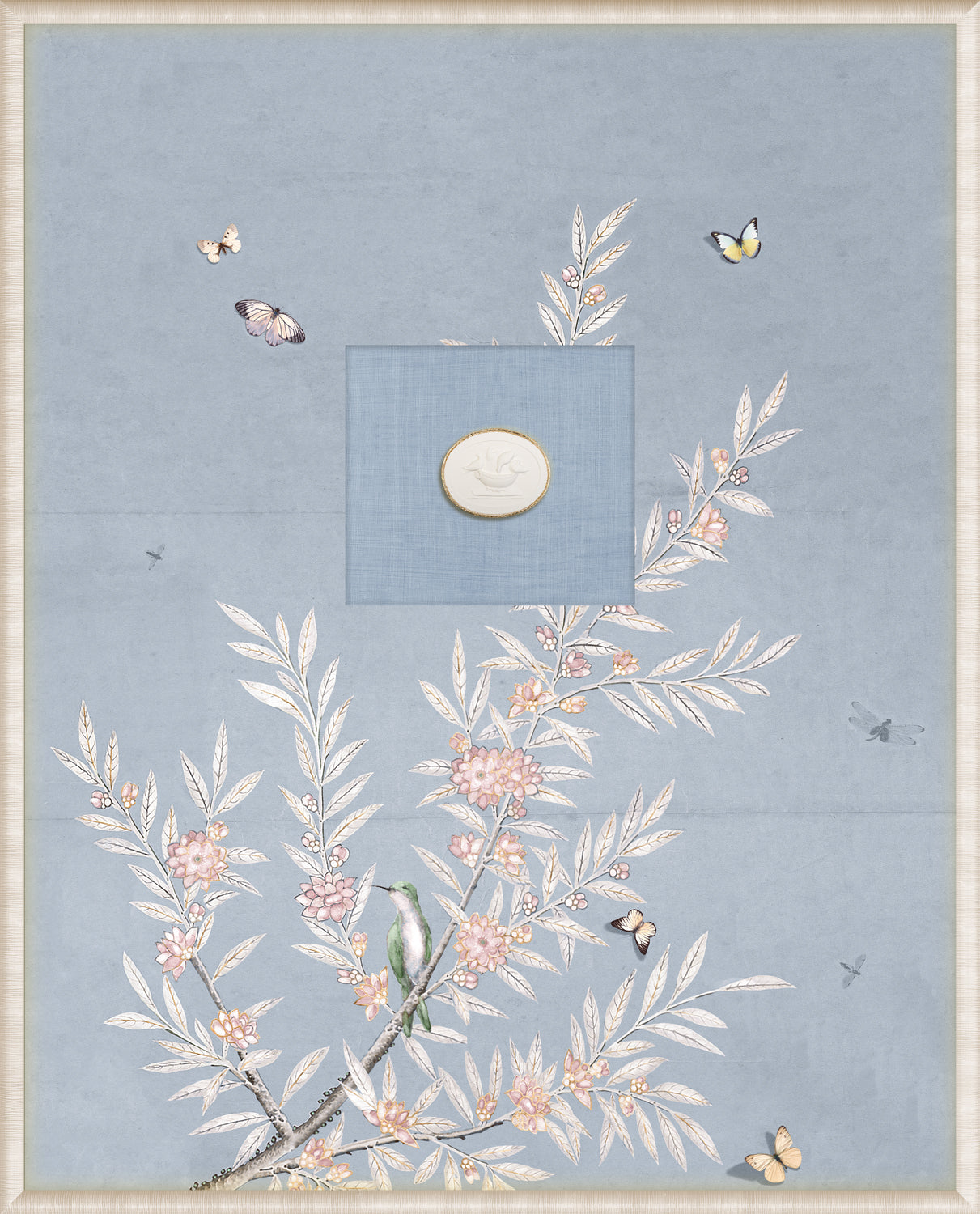 Grand Tour Intaglio Spring Time Chinoiserie wall art in powder blue with floral and butterfly details