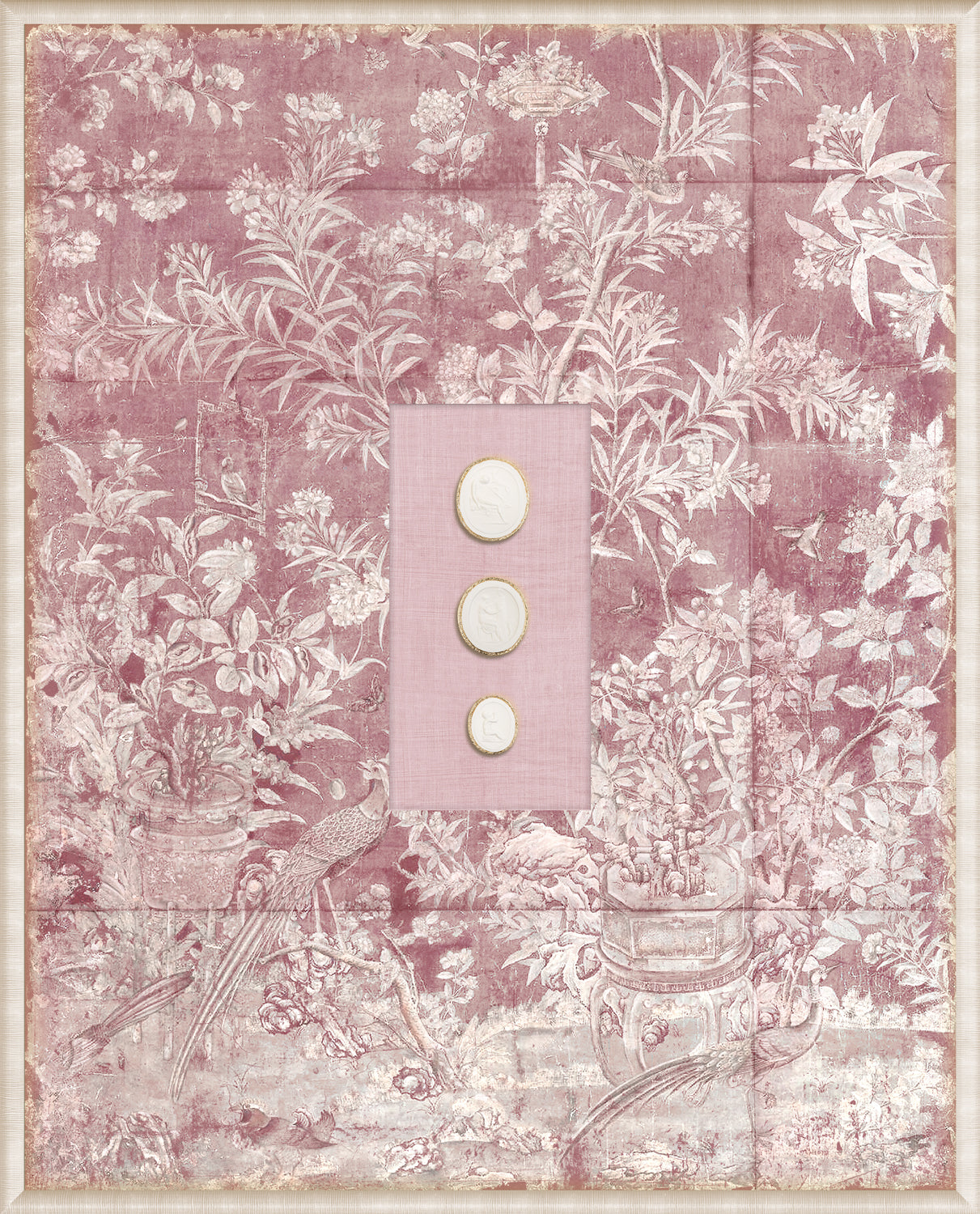 Grand Tour Intaglio – Blush Chinoiserie wall art featuring pink floral design and three cameo-style medallions.