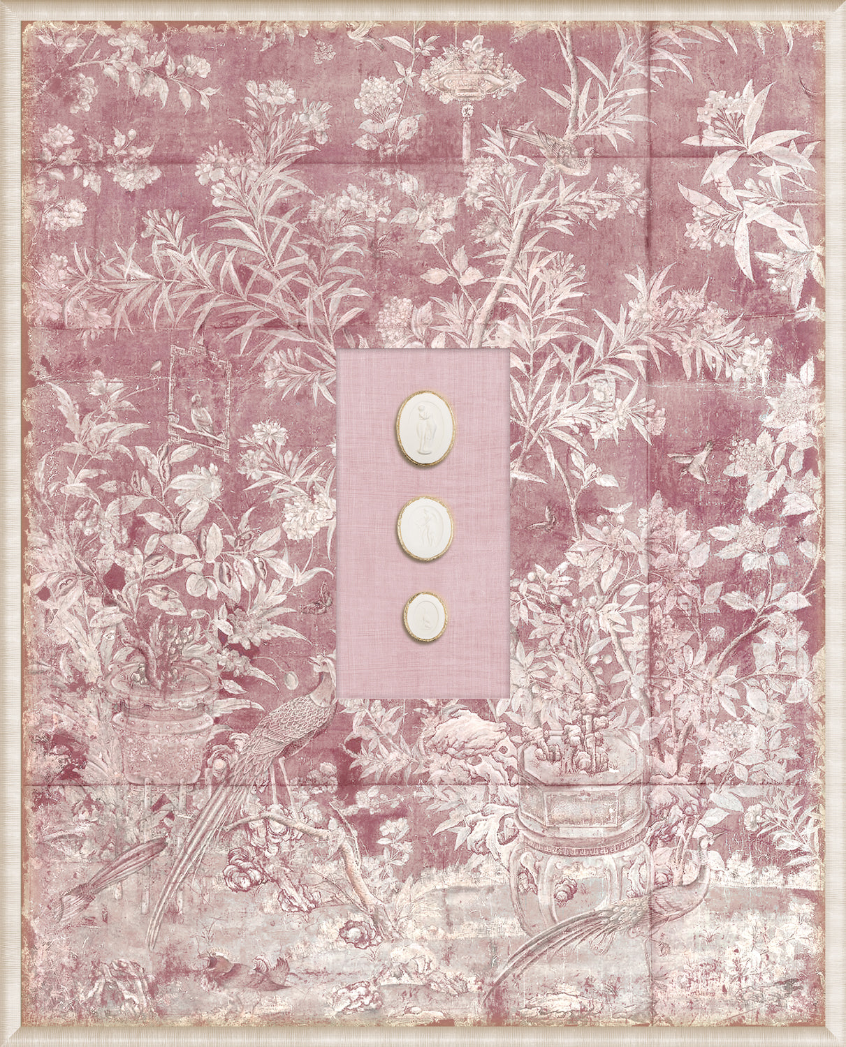 Grand Tour Intaglio – Blush Chinoiserie wall art featuring pink floral design and three cameo-style medallions.