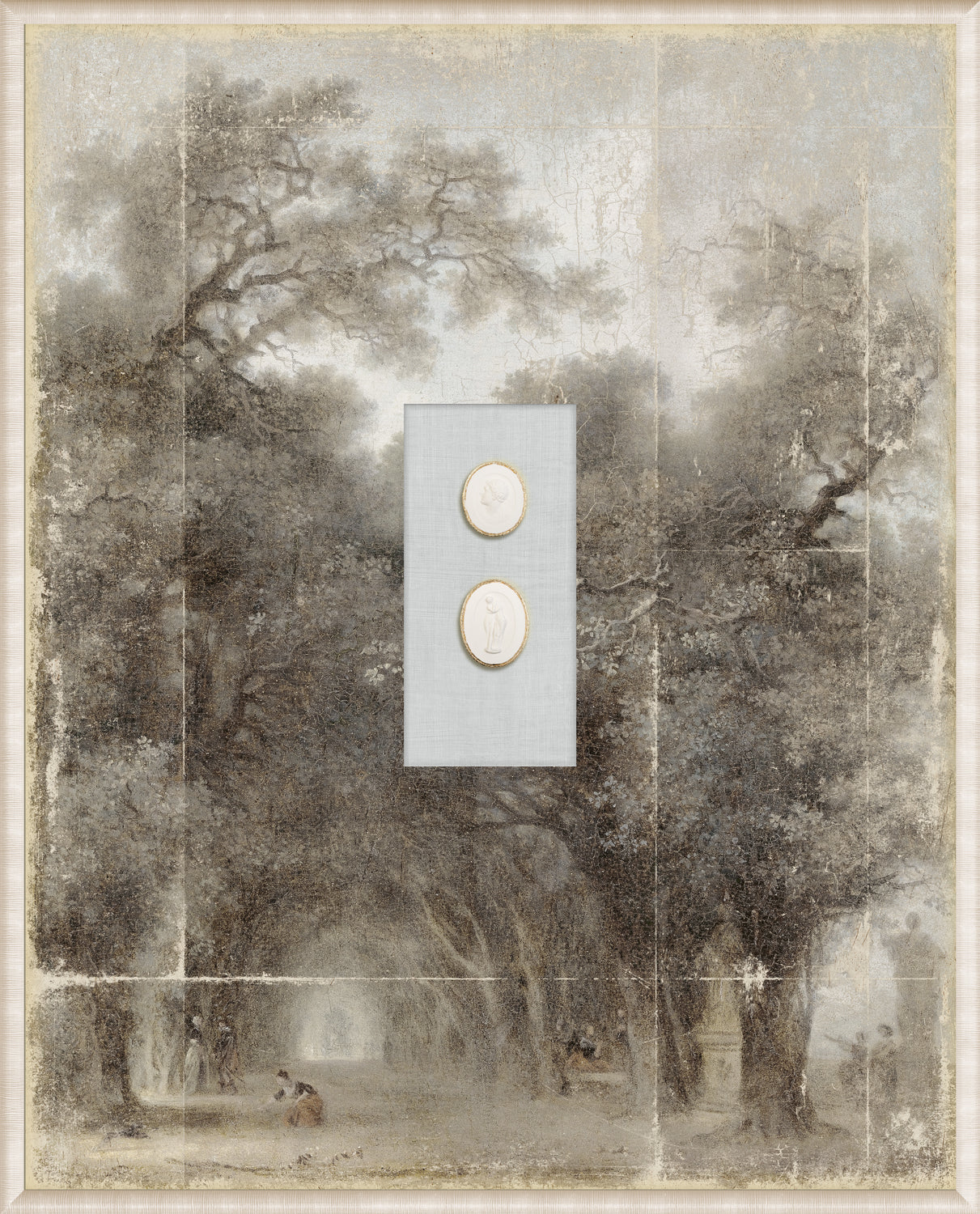 Grand Tour Intaglio – Fragonard – A Shaded Avenue wall art featuring a serene tree-lined avenue with two intaglio medallions.