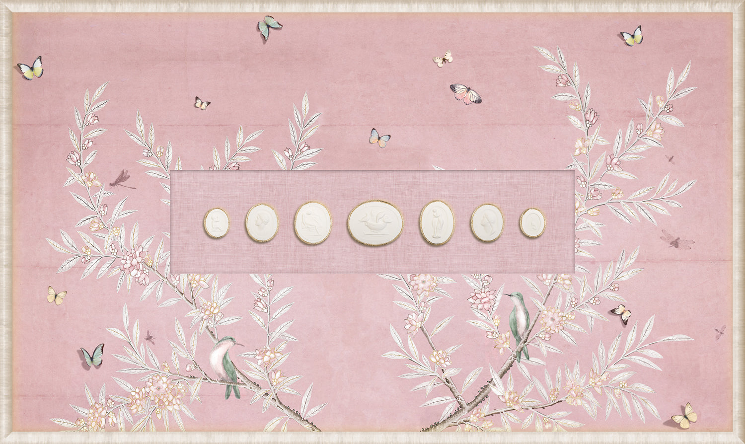 Grand Tour Intaglio – Spring Time Chinoiserie in Blush III, pink background with floral design and butterflies.