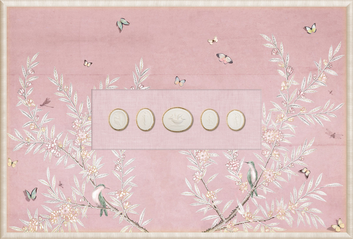 Grand Tour Intaglio – Spring Time Chinoiserie in Blush III, pink background with floral design and butterflies.