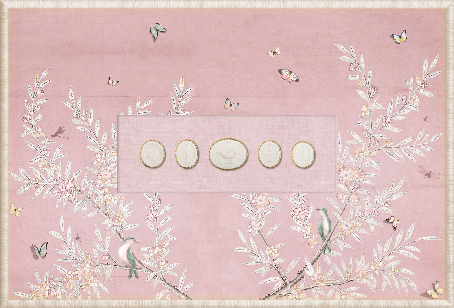 Grand Tour Intaglio – Spring Time Chinoiserie in Blush III, pink background with floral design and butterflies.