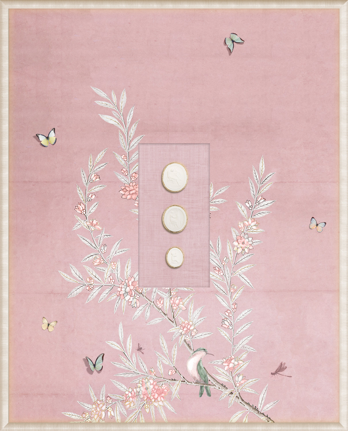 Grand Tour Intaglio – Spring Time Chinoiserie in Blush I, pink wall art with floral design and butterflies.