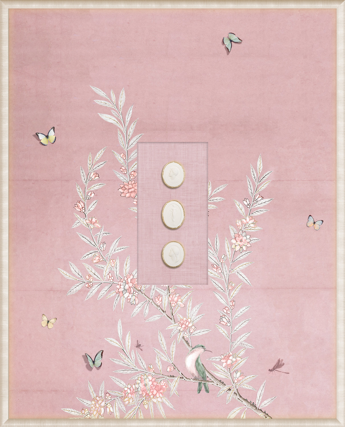 Grand Tour Intaglio – Spring Time Chinoiserie in Blush I, Form VI framed art print, 16.75 × 20.75 in