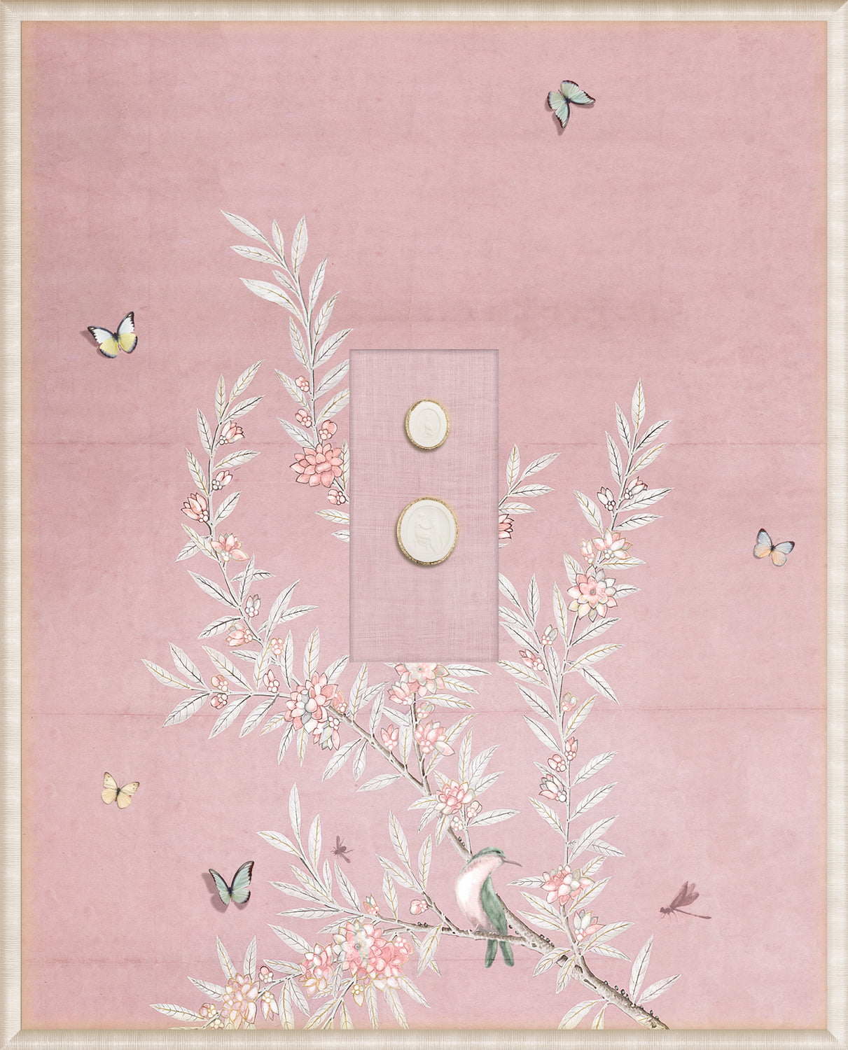 Grand Tour Intaglio – Spring Time Chinoiserie in Blush I, pink wall art with floral design and butterflies.