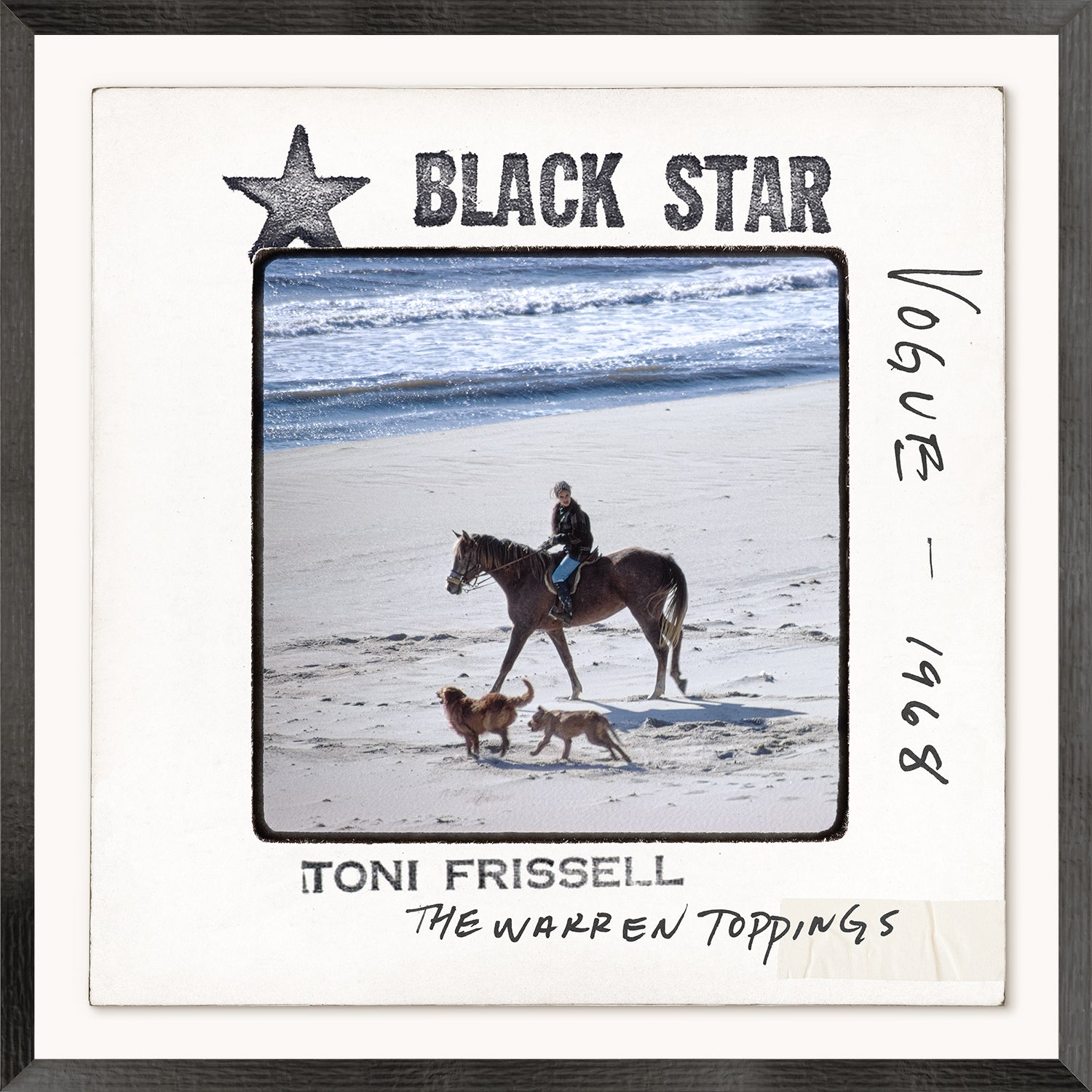 Toni Frissell Slides – Vogue C. 1968, featuring a horse rider on the beach with dogs