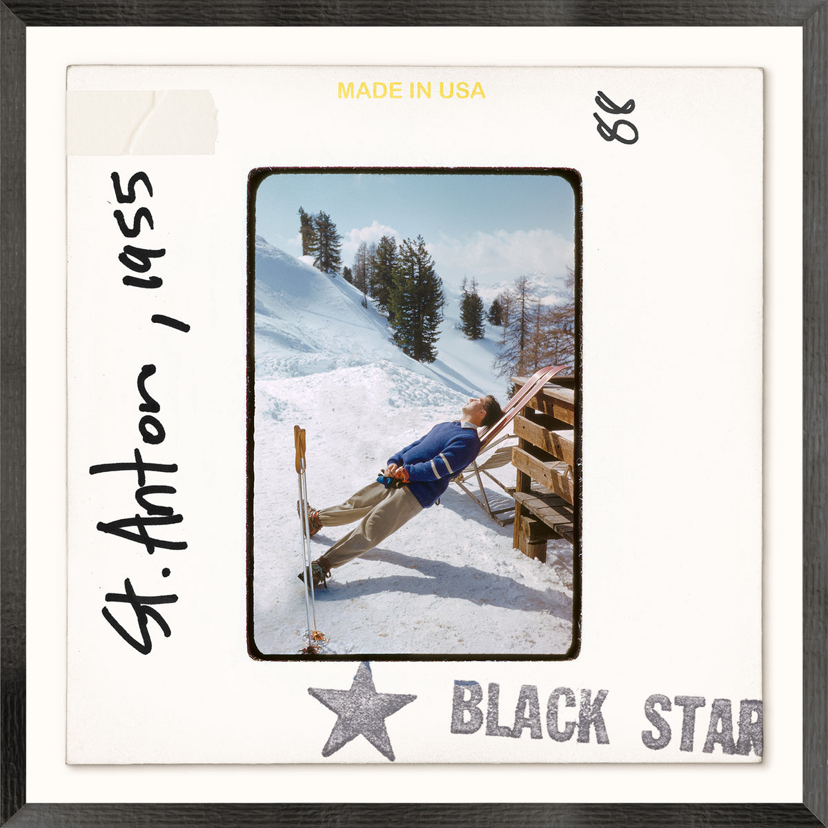 Toni Frissell Slides – St. Anton C. 1955, vintage photo of a man relaxing in snow with skis