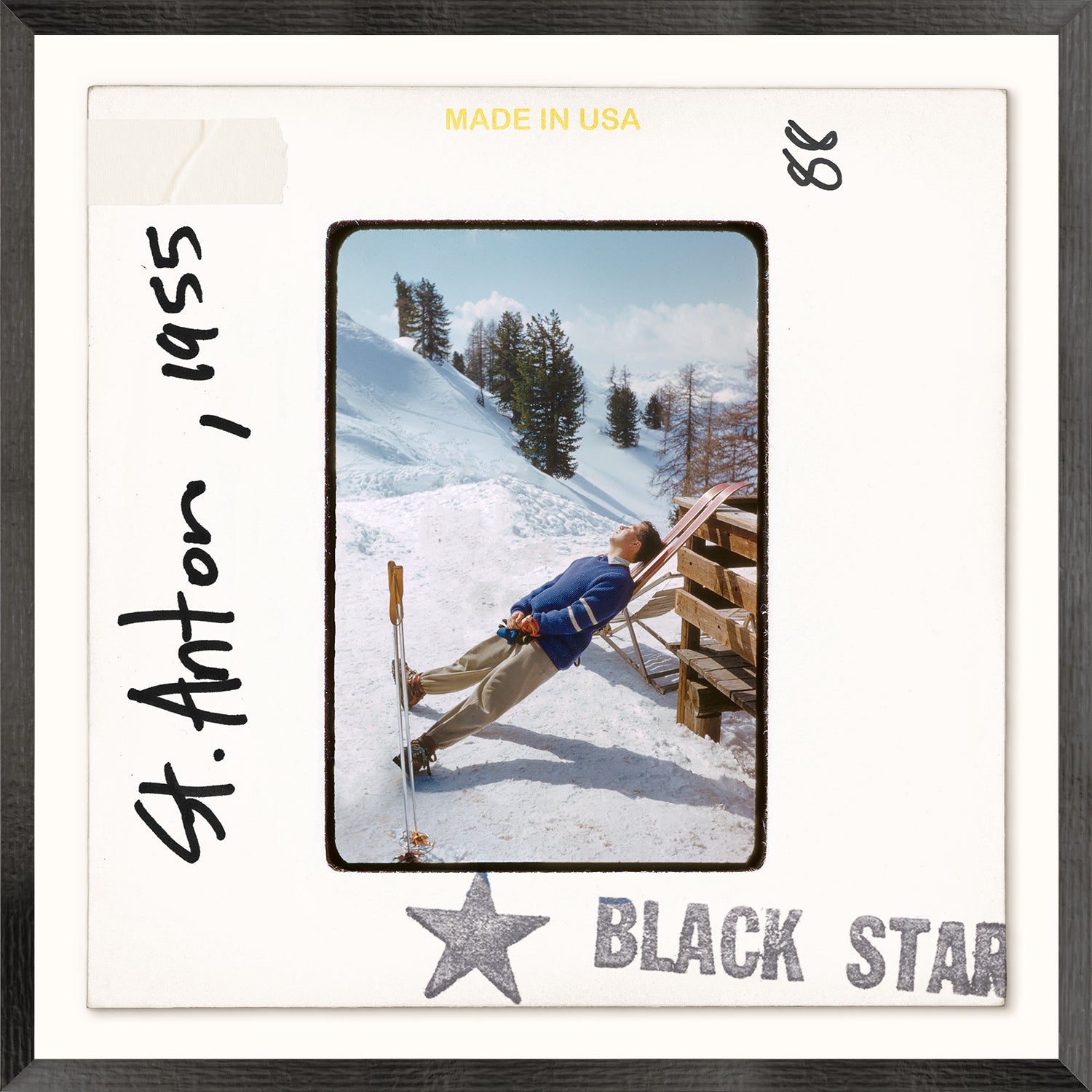 Toni Frissell Slides – St. Anton C. 1955, vintage photo of a man relaxing in snow with skis