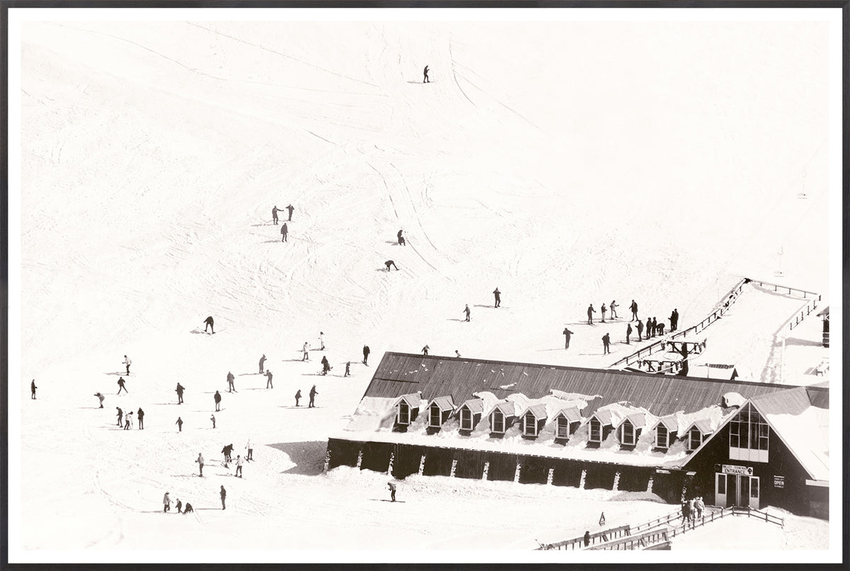 Ski Valley Entrance C. 1966 wall art featuring skiers and a lodge in a snowy landscape.