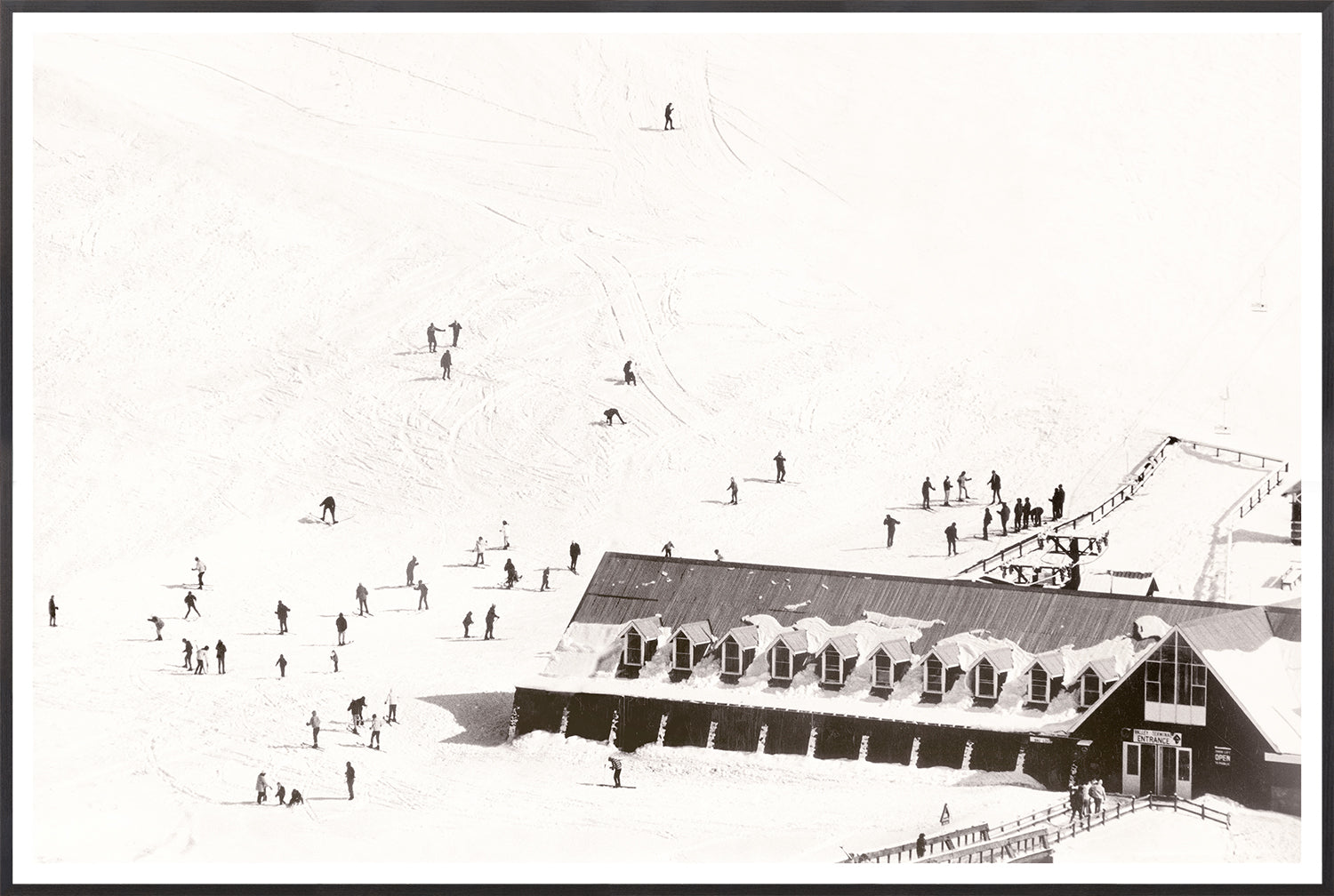 Ski Valley Entrance C. 1966 wall art featuring skiers and a lodge in a snowy landscape.