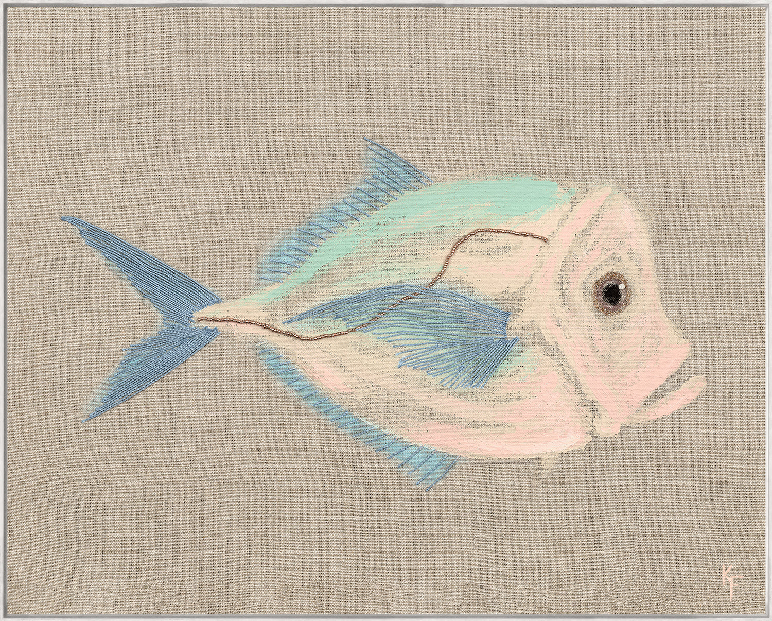 Poissons Tropicaux Sur Lin III wall art featuring a pastel fish on a textured beige background