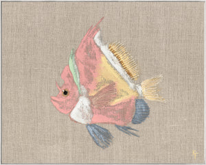 Poissons Tropicaux Sur Lin IV wall art featuring a colorful fish illustration on a textured beige background.
