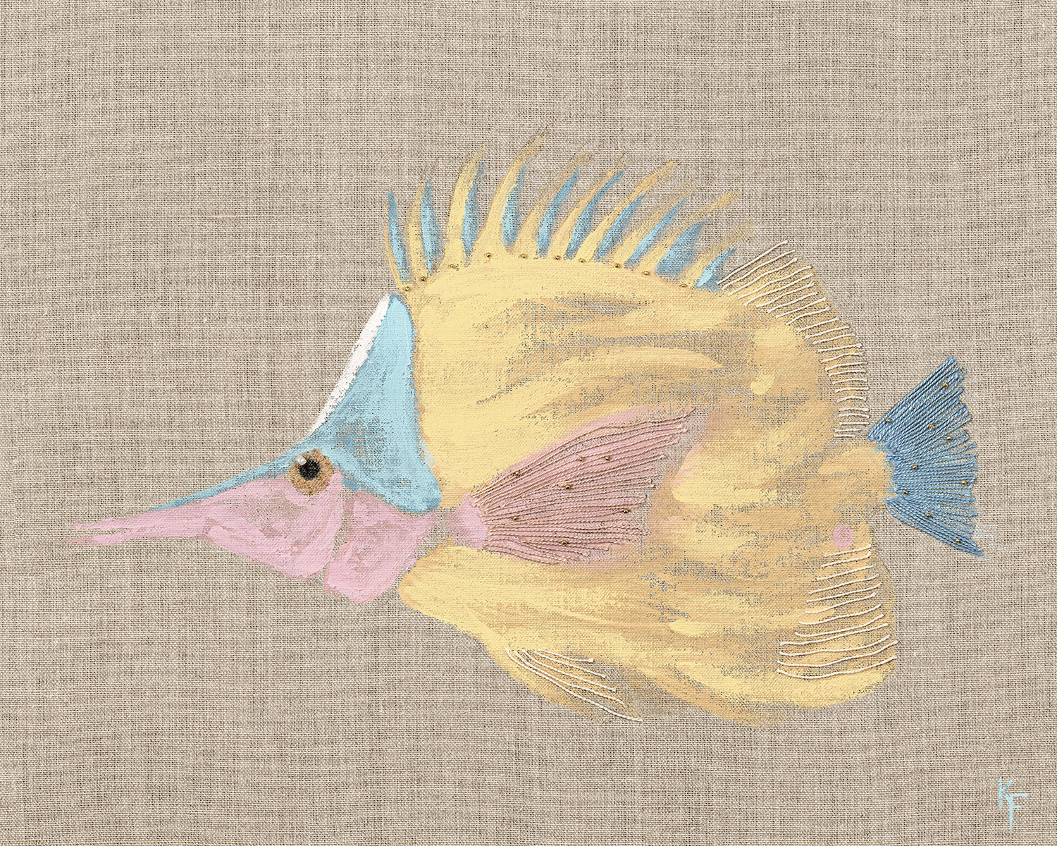 Poissons Tropicaux Sur Lin VI — nature and landscape fine art print in pastel tones at Laurie Yapp Home