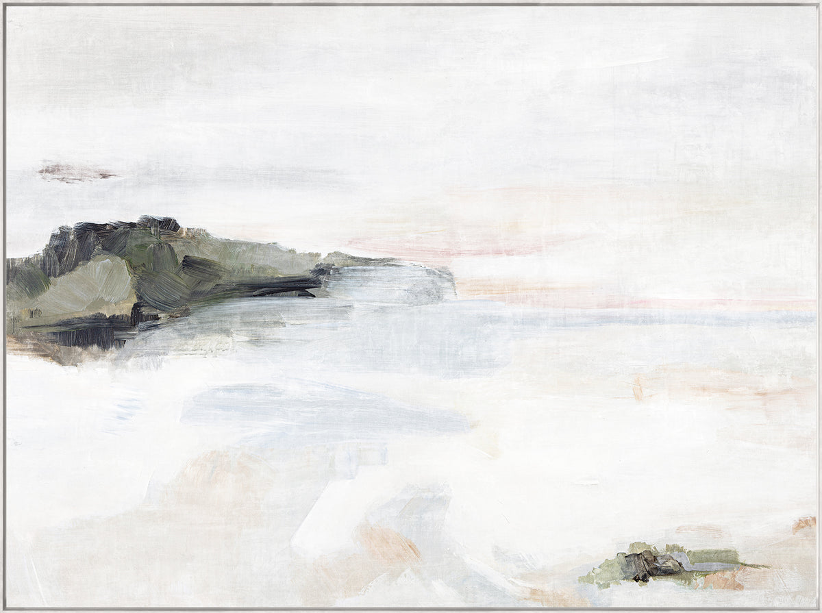 Bay Tides wall art featuring a serene coastal landscape with soft colors and abstract brush strokes
