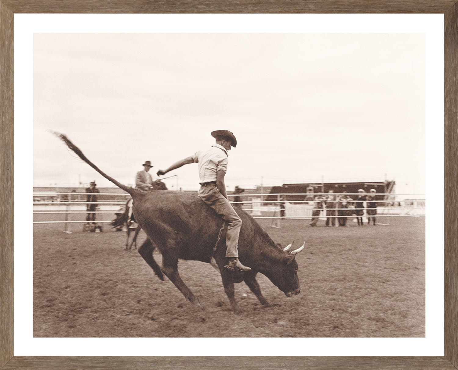 Rodeo II C. 1962 wall art featuring a cowboy riding a bull in sepia tones.