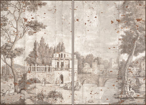 Italian Scenic C. 1852 diptych wall art featuring a serene landscape with buildings and trees.