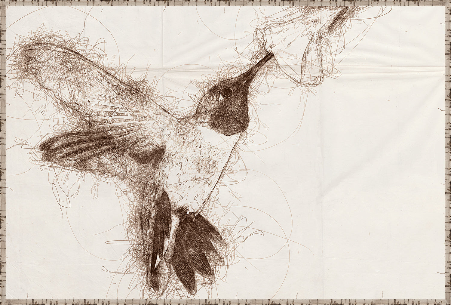 Nature Sketch – Hummingbird I, detailed brown sketch of a hummingbird on a light background