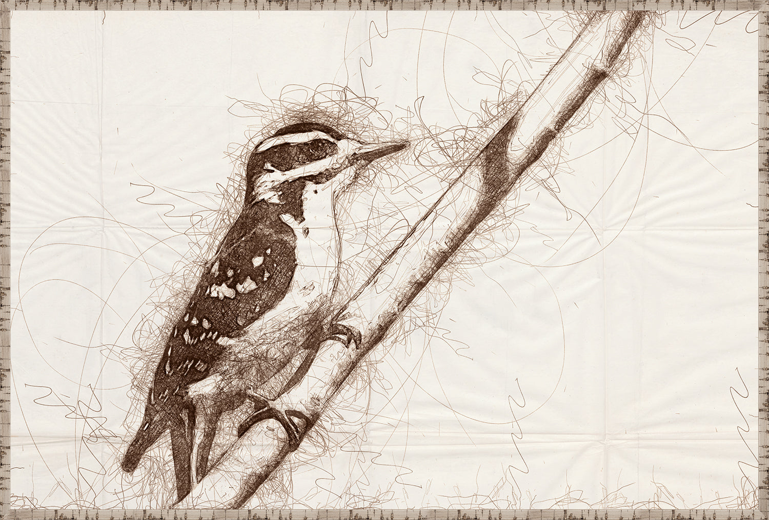 Nature Sketch – Woodpecker I wall art featuring a sketched woodpecker on a branch in brown tones.