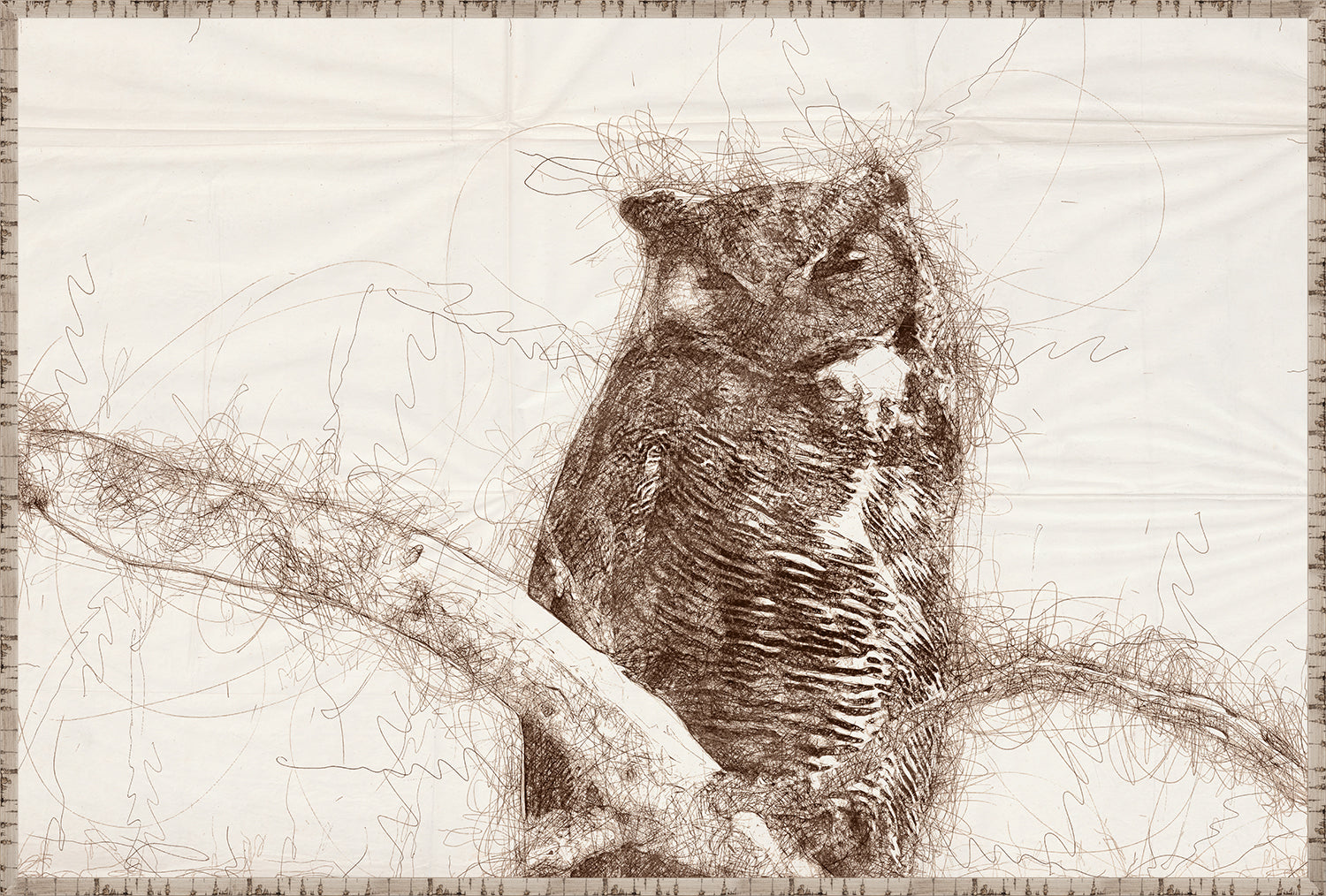Nature Sketch – Owl wall art featuring a detailed brown sketch of an owl perched on a branch.