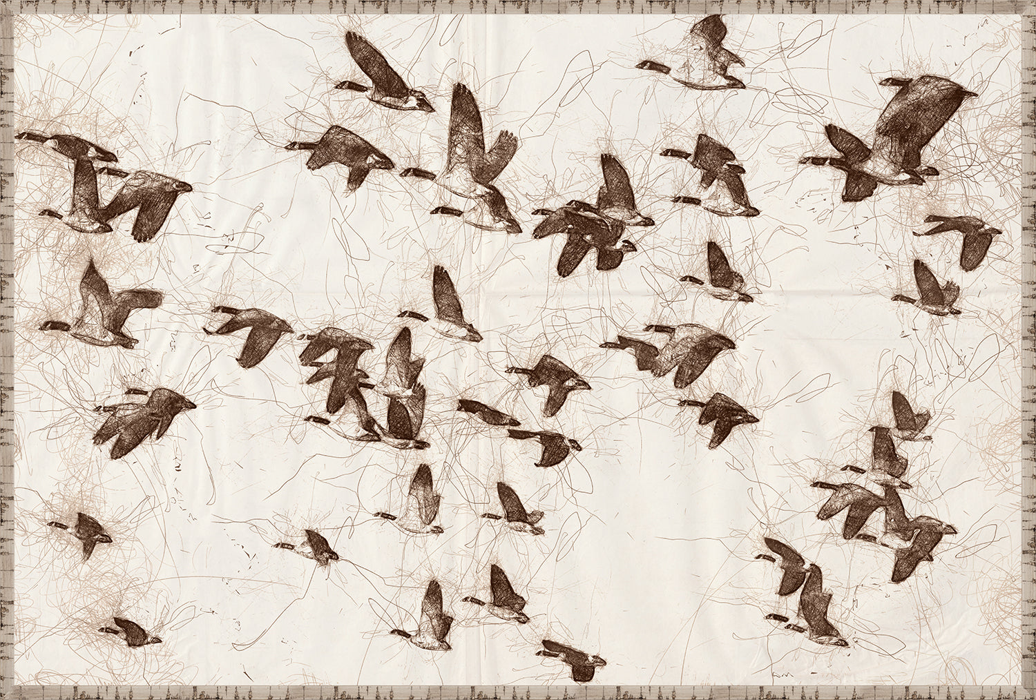 Nature Sketch – Flock wall art featuring flying birds in brown ink on a light background.