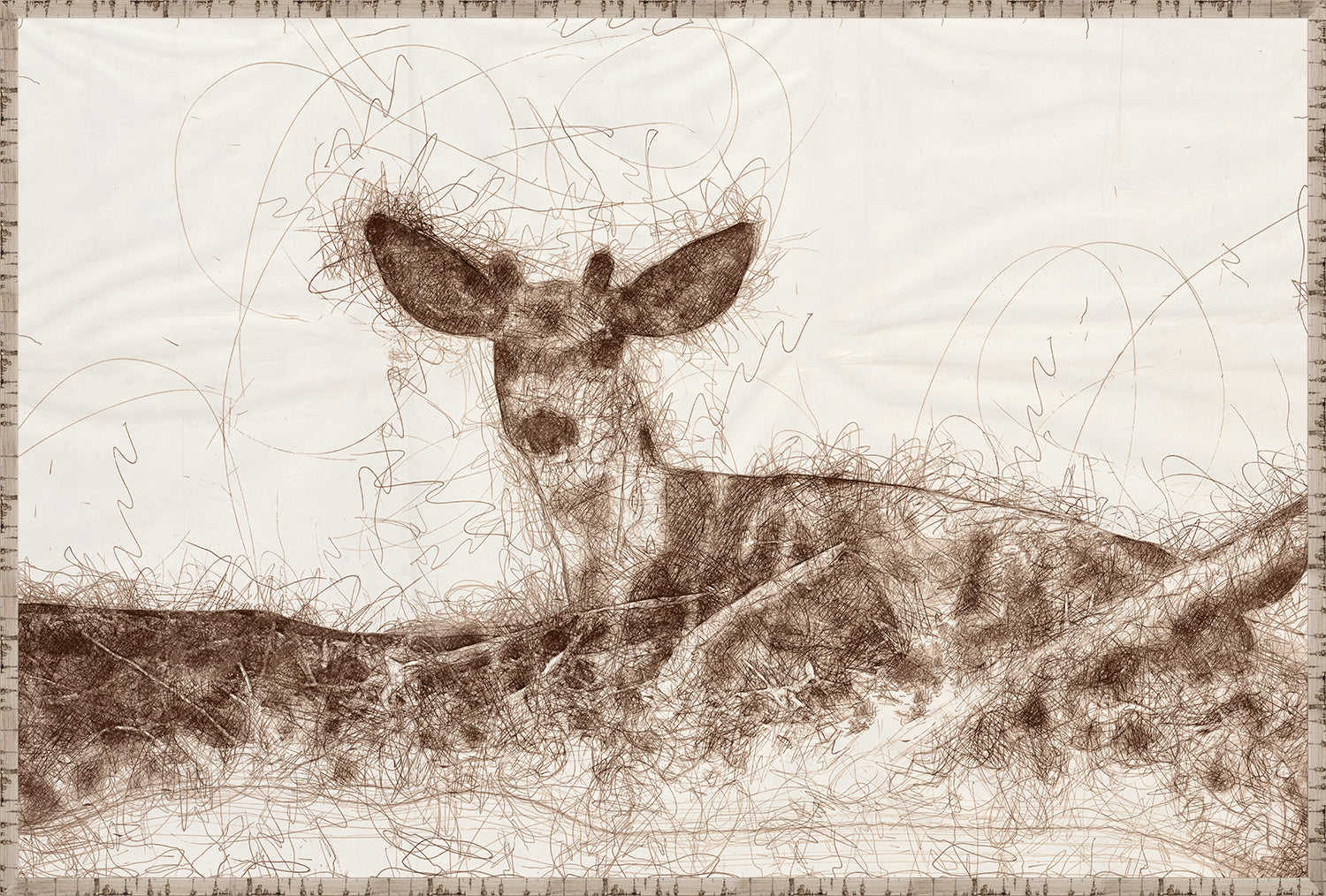 Nature Sketch – At Rest, a brown sketched deer resting among abstract lines on a light background.