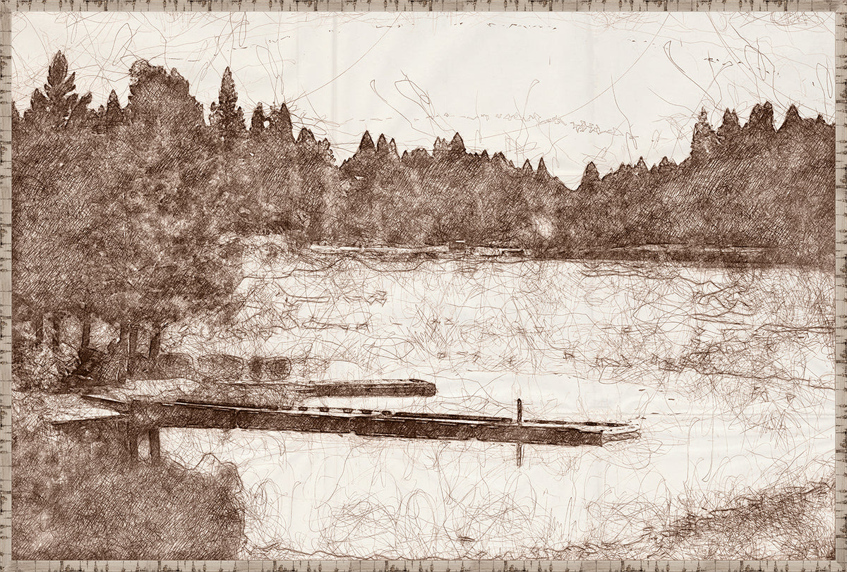 Nature Sketch – Dock wall art featuring a sepia-toned landscape with trees and a dock.
