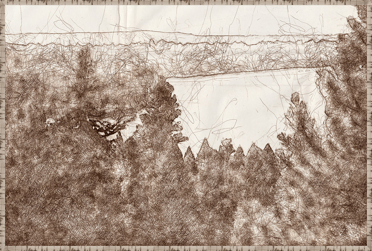Nature Sketch – Lake View wall art featuring a brown ink sketch of a lake and trees.