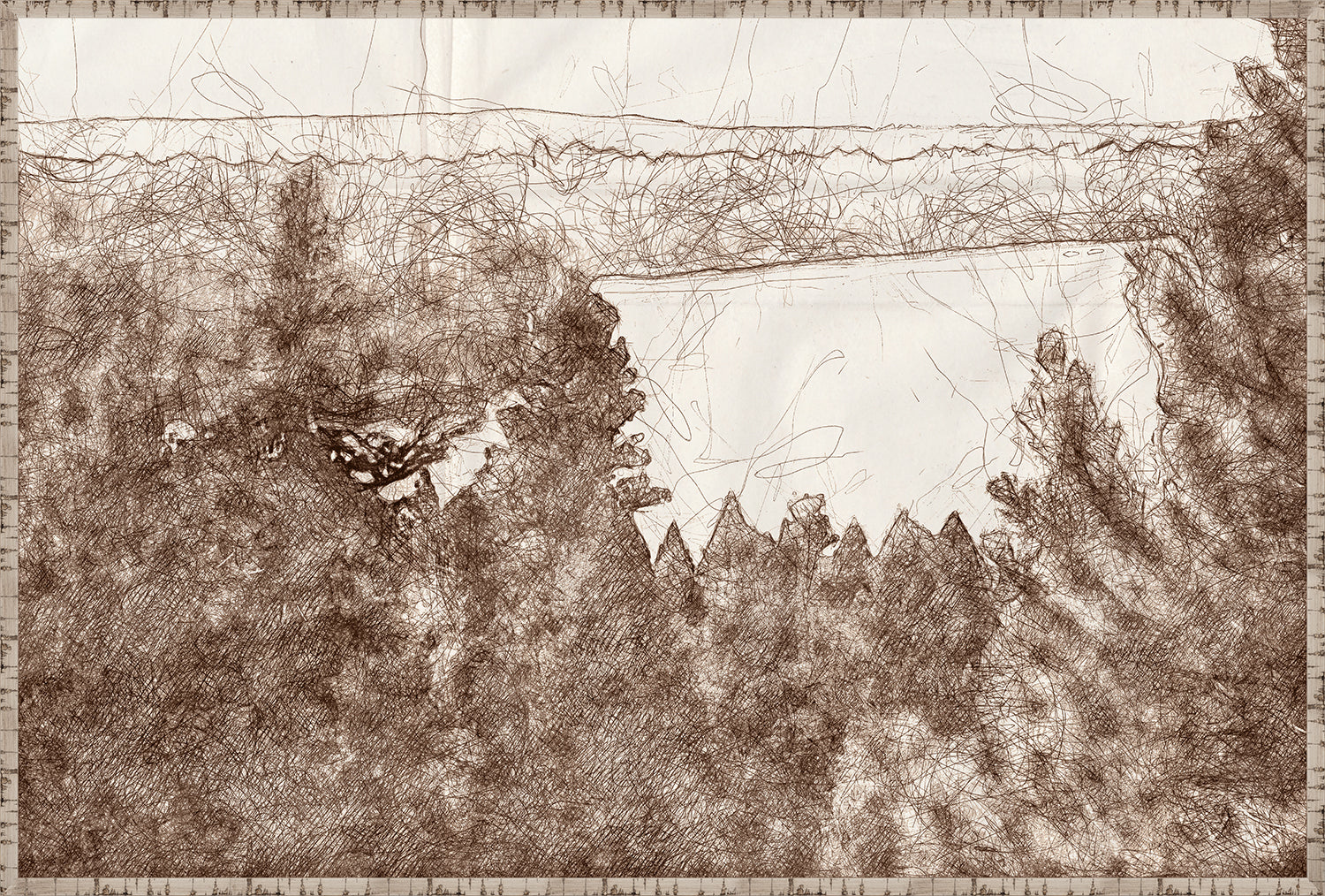 Nature Sketch – Lake View wall art featuring a brown ink sketch of a lake and trees.