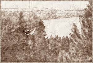 Nature Sketch – Lake View wall art featuring a brown ink sketch of a lake and trees.