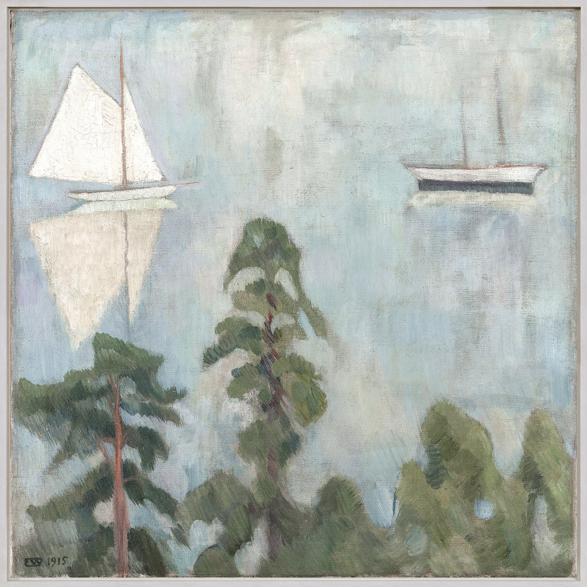 Scenic Prospect C. 1915 wall art featuring a serene landscape with sailboats and trees, soft colors.
