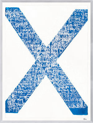 Fair Winds and Following Seas I, abstract blue X design with white scribbles on a white background, framed in silver.