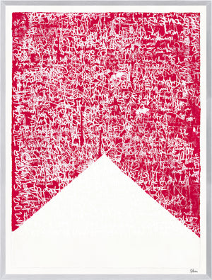 Fair Winds and Following Seas II features a vibrant red background with white abstract text patterns and a white triangular shape.