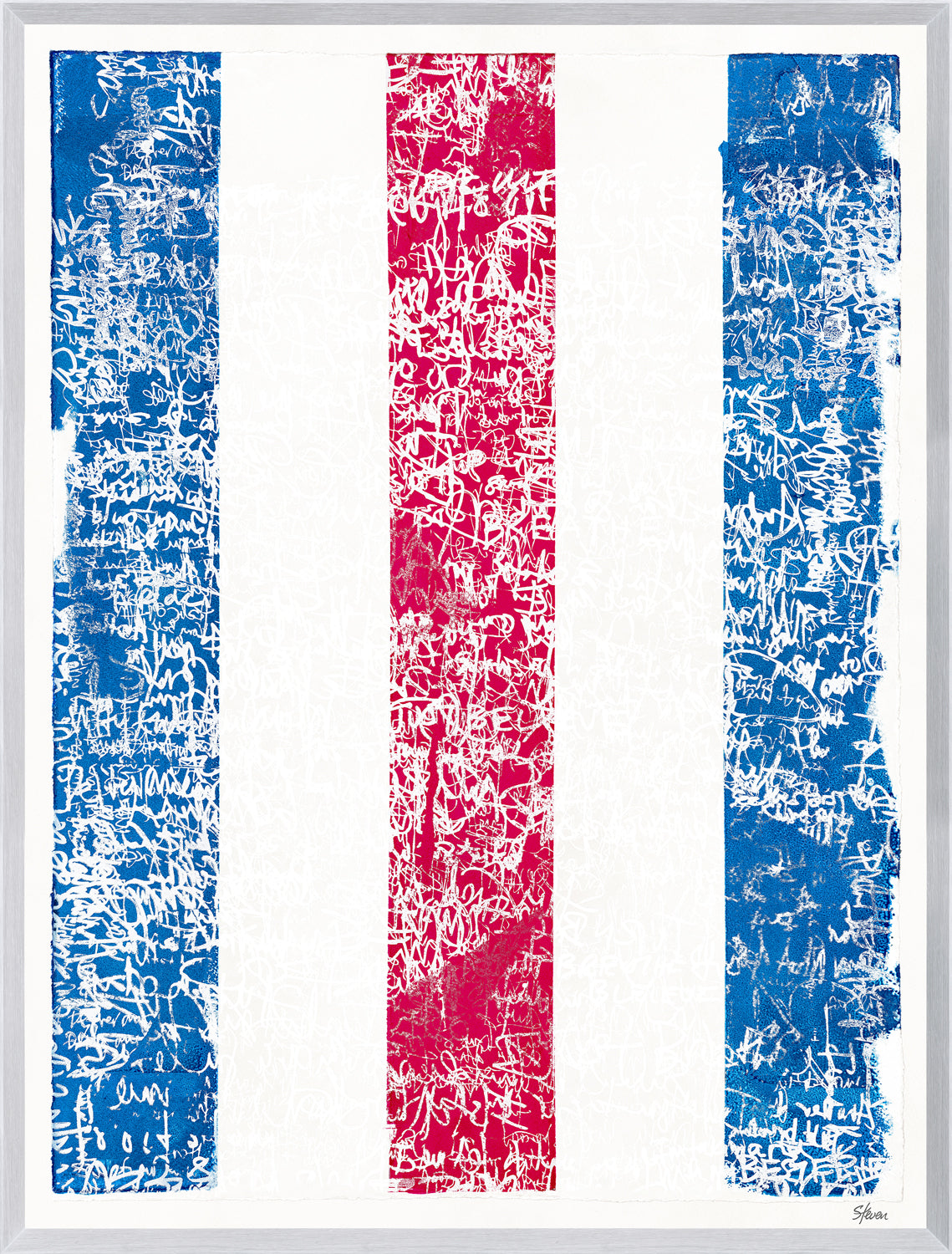 Fair Winds and Following Seas III features a textured design with blue, white, and red vertical stripes, framed in white.