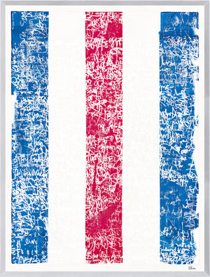 Fair Winds and Following Seas III features a textured design with blue, white, and red vertical stripes, framed in white.