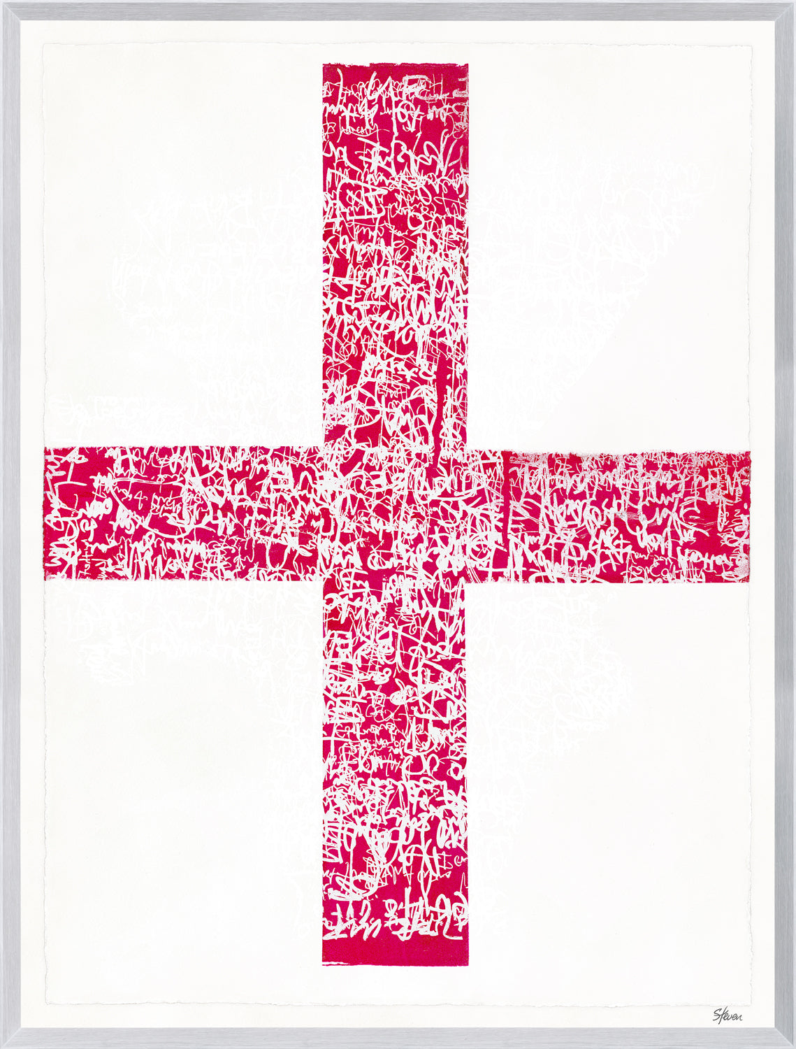 Fair Winds and Following Seas IV, abstract wall art featuring a large pink cross with white text patterns on a white background, framed in silver.