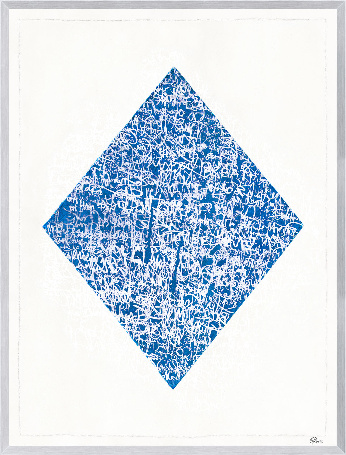 Fair Winds and Following Seas VI features a blue diamond shape with white abstract markings on a white background, framed in silver.