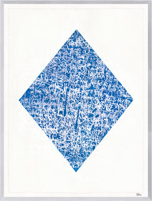 Fair Winds and Following Seas VI features a blue diamond shape with white abstract markings on a white background, framed in silver.