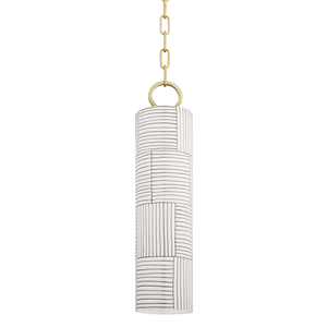 Brookville Pendant in aged brass shown from a second angle to highlight the shade shape and metal detail.