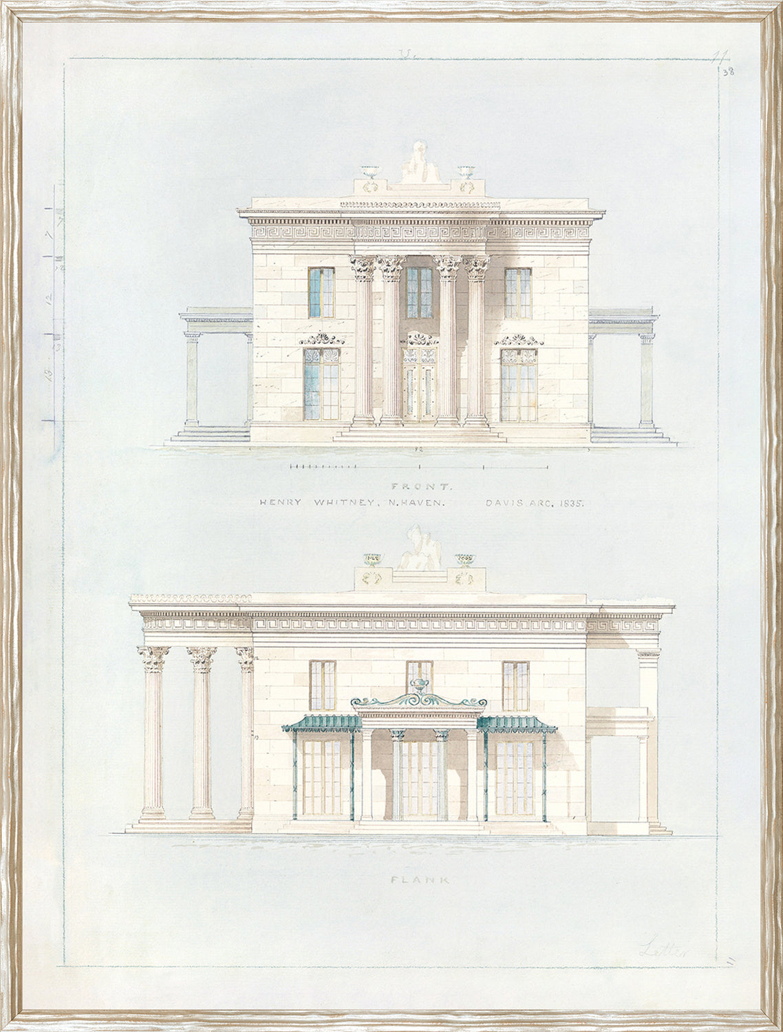 Collection 24, Building Design C. 1835, architectural illustration featuring a classical facade with columns, detailed cornice, and awning.