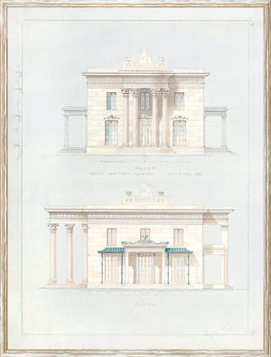Collection 24, Building Design C. 1835, architectural illustration featuring a classical facade with columns, detailed cornice, and awning.