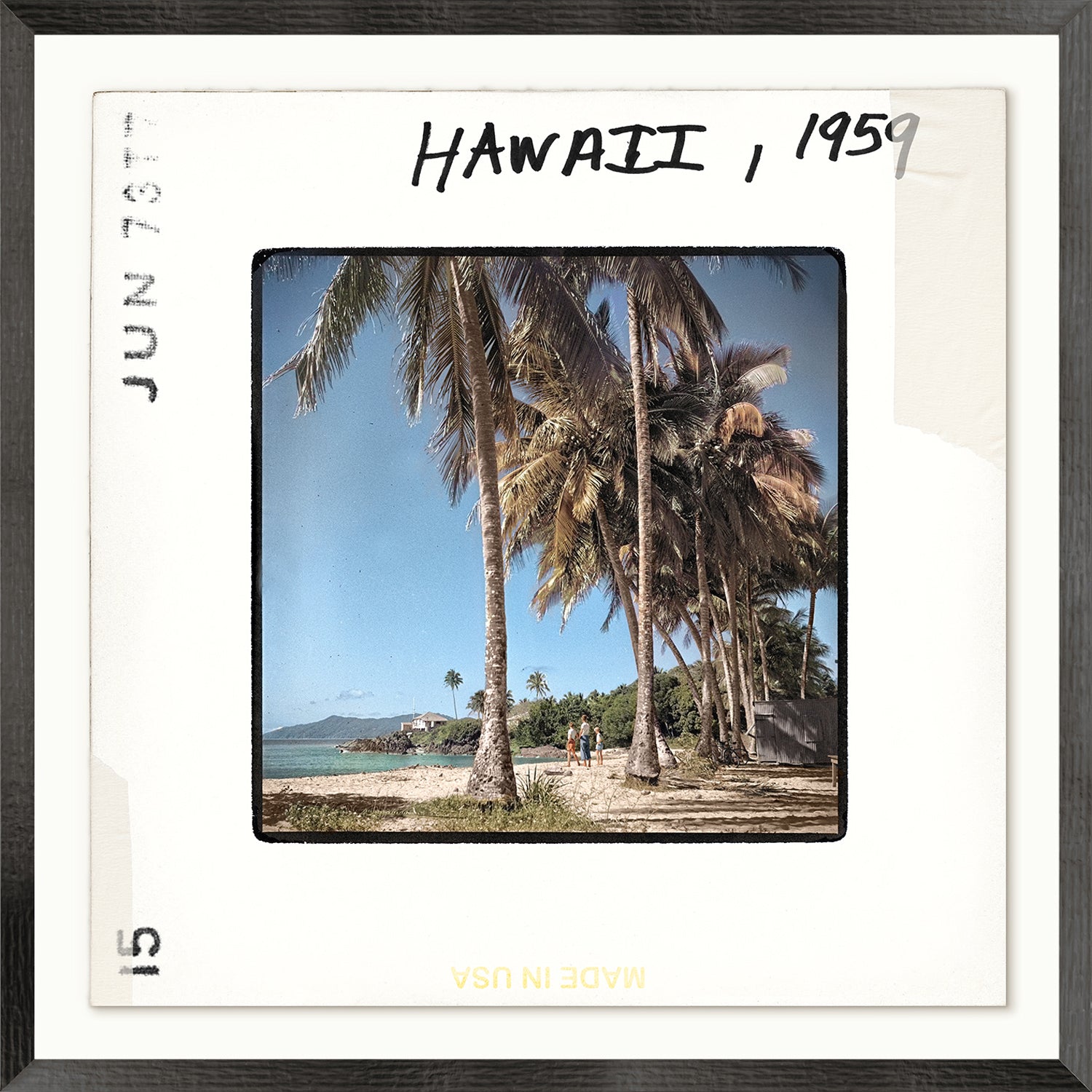 Toni Frissell Slides, Hawaii, 1959, featuring palm trees and beach scene with blue sky, framed in a vintage slide format.
